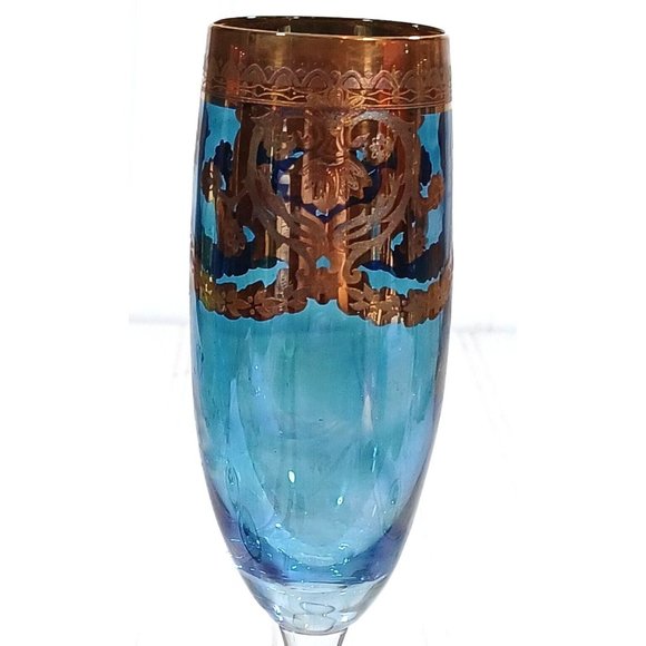 GlassOfVenice Murano Glass Champagne Flutes 24K Gold Leaf - Blue Set 4 Vintage - Picture 15 of 16